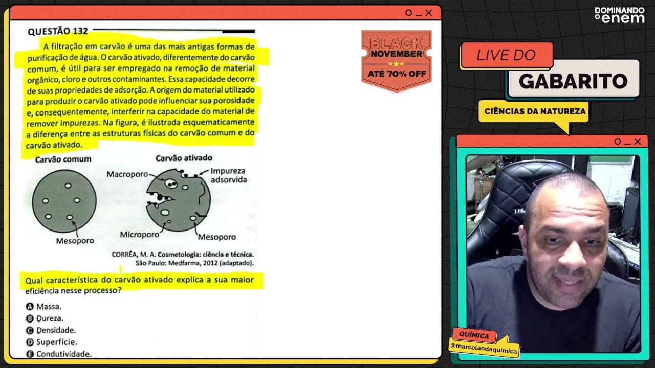 Thumbnail: ENEM 2025: A filtração em carvão é uma das mais antigas formas de purificação de água. O carvão ativ