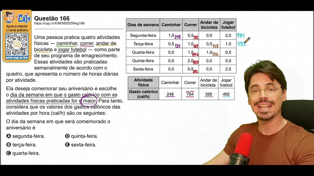 Thumbnail: [ENEM 2023] 166 📘 MULTIPLICAÇÃO Uma pessoa pratica quatro atividades físicas — caminhar, correr,