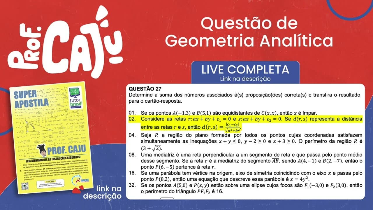 Thumbnail: [UFSC 2023] 27.02 📒 GEOMETRIA ANALÍTICA Considere as retas r: ax + by + C₁ = 0 e s: ax + by + C₂ = 0