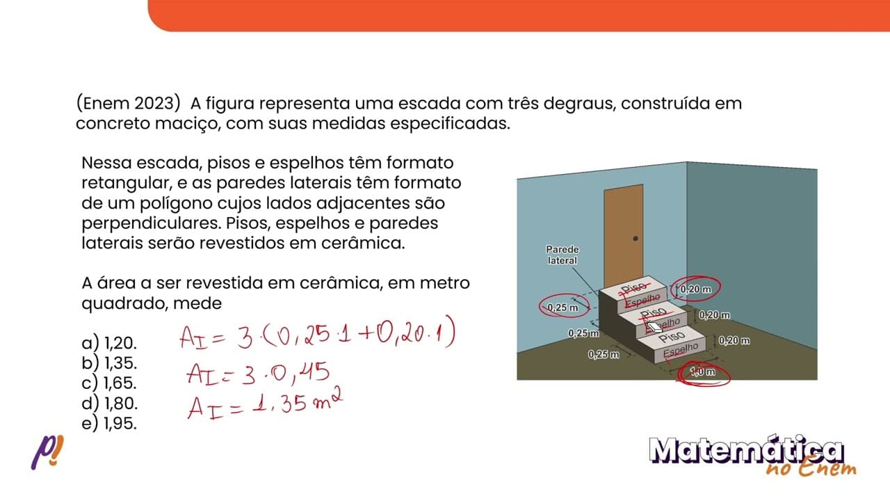 Thumbnail: ENEM 2023 - GEOMETRIA ESPACIAL | A figura representa uma escada com três degraus, construída...