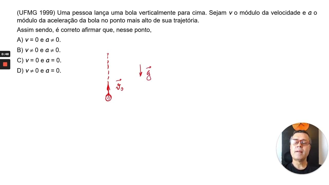 Thumbnail: UFMG 2009: Uma pessoa lança uma bola verticalmente para cima. Sejam v o módulo da velocidade e ...