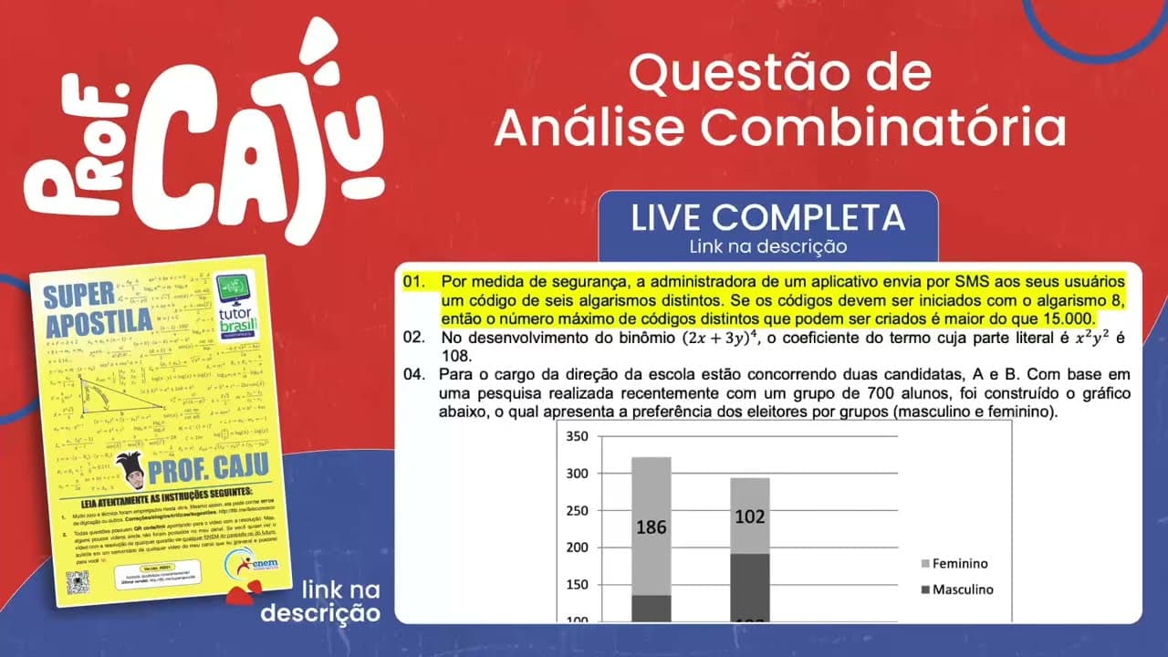 Thumbnail: [UFSC 2023] 21.01 📒 ANÁLISE COMBINATÓRIA Por medida de segurança, a administradora de um aplicativo
