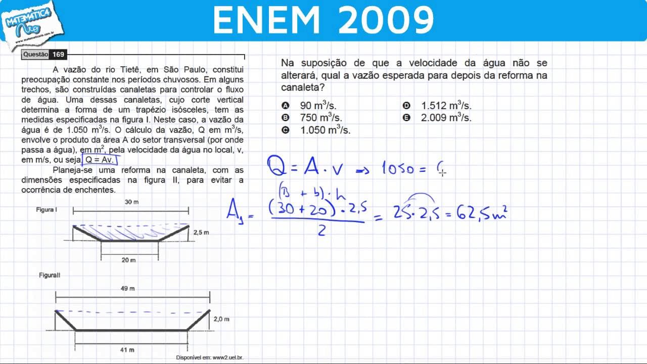 Thumbnail: ENEM 2009 Matemática #34 - Área do Trapézio e Vazão da Canaleta
