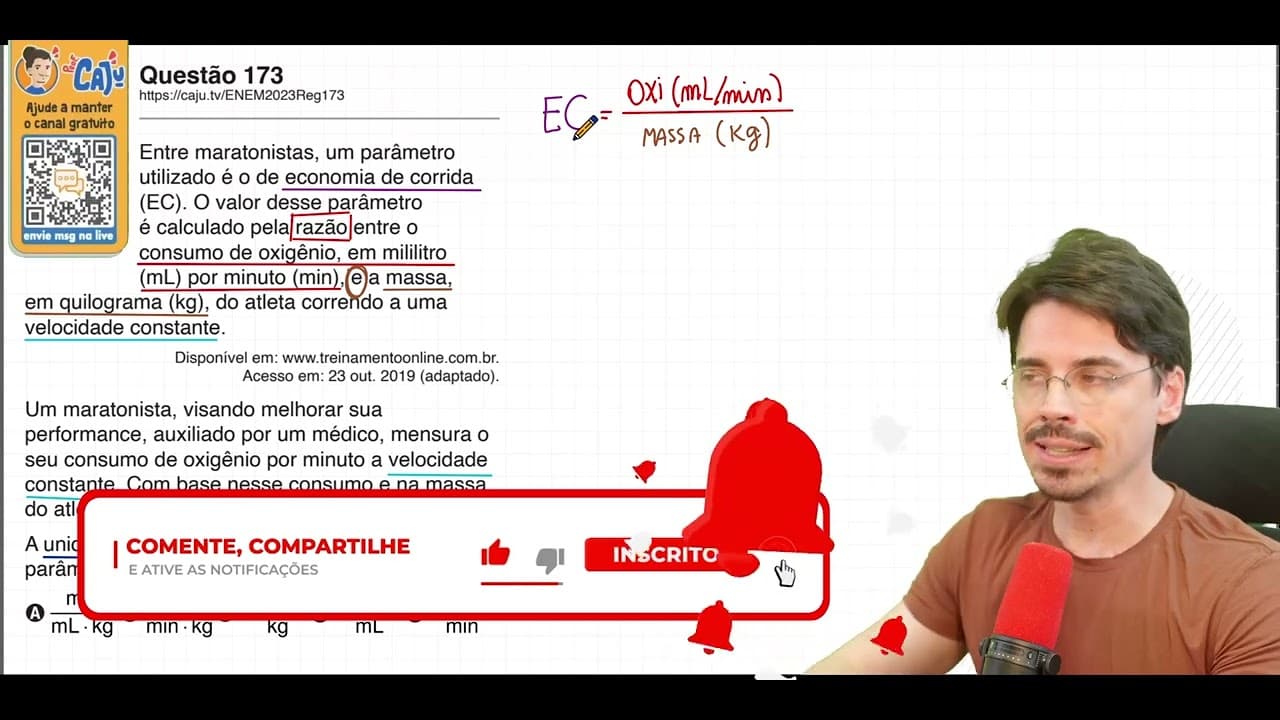 Thumbnail: [ENEM 2023] 173 📘 ANÁLISE DIMENSIONAL Entre maratonistas, um parâmetro utilizado é o de economia de