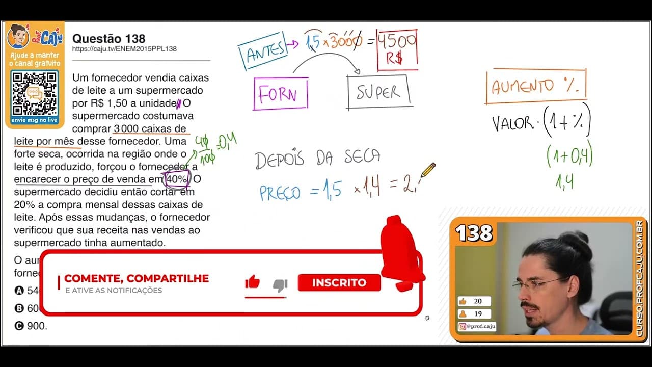 Thumbnail: [ENEM 2015 PPL] 138 📘 --- Um fornecedor vendia caixas de leite a um supermercado por R$ 1,50 a