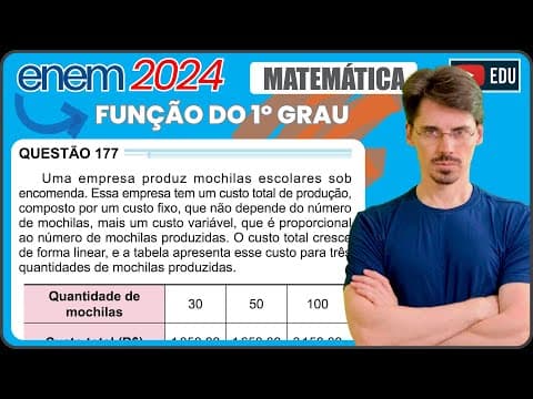 Thumbnail da aula: [ENEM 2024] 177 📘 FUNÇÃO DO 1º GRAU Uma empresa produz mochilas escolares sob encomenda. Essa