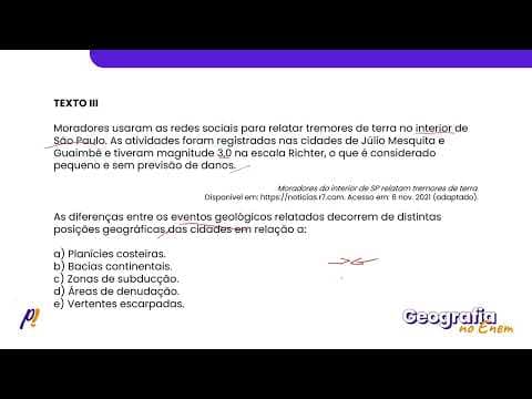 Thumbnail da aula: ENEM 2024 - GEOMORFOLOGIA | As diferenças entre os eventos geológicos relatados decorrem...