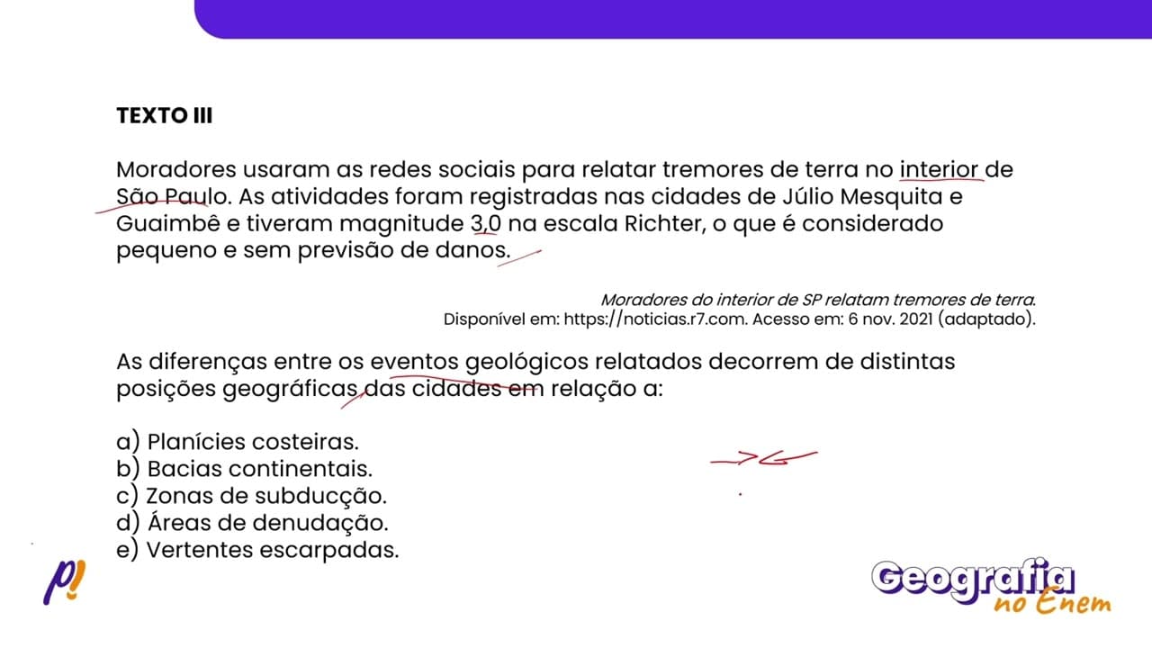 Thumbnail: ENEM 2024 - GEOMORFOLOGIA | As diferenças entre os eventos geológicos relatados decorrem...