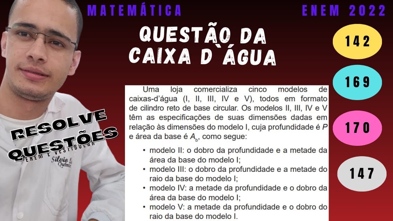 Thumbnail: Questão da caixas-d’água ENEM 2022 matemática "Uma loja comercializa cinco modelos de caixas-d’água