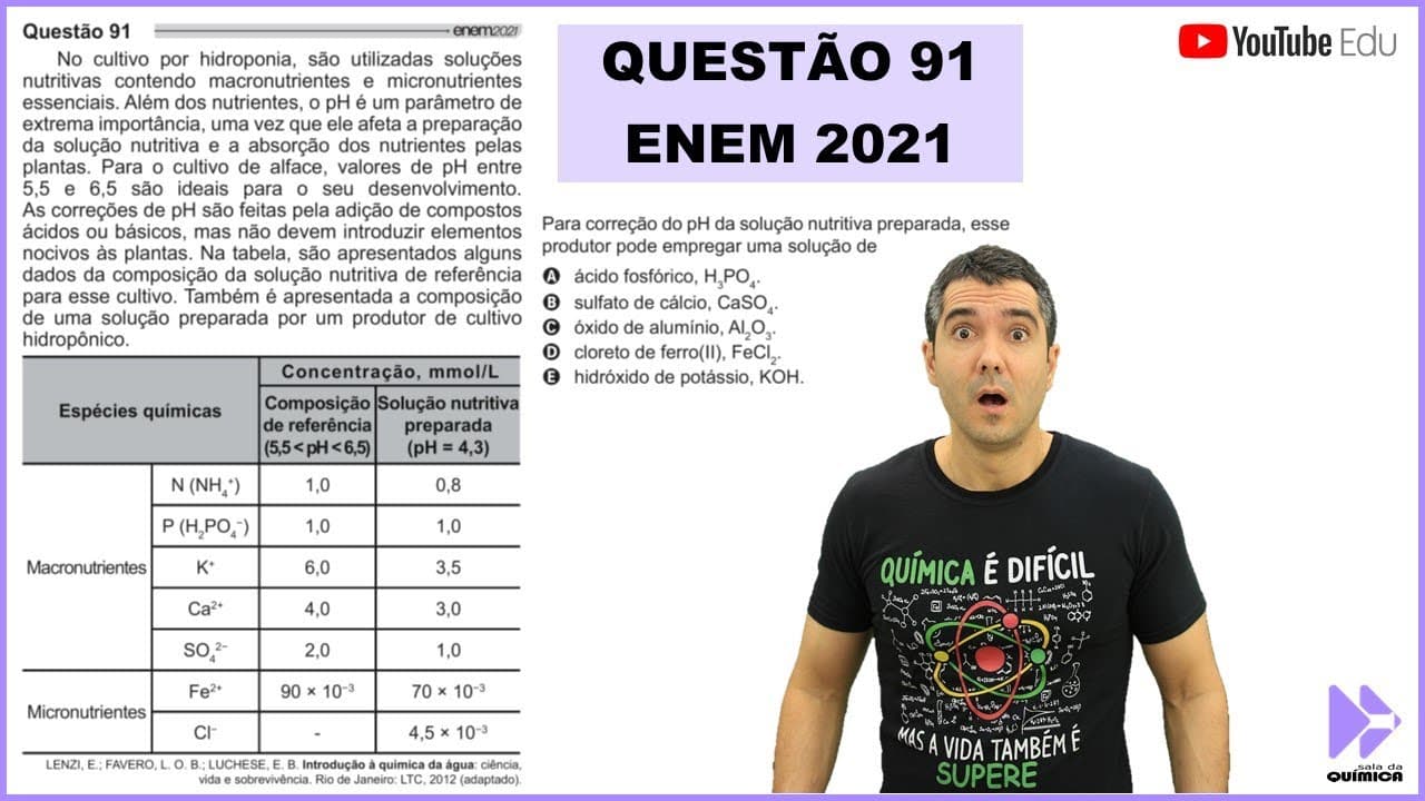 Thumbnail: QUÍMICA ENEM 2021! "No cultivo por hidroponia, são utilizadas soluções nutritivas contendo..."