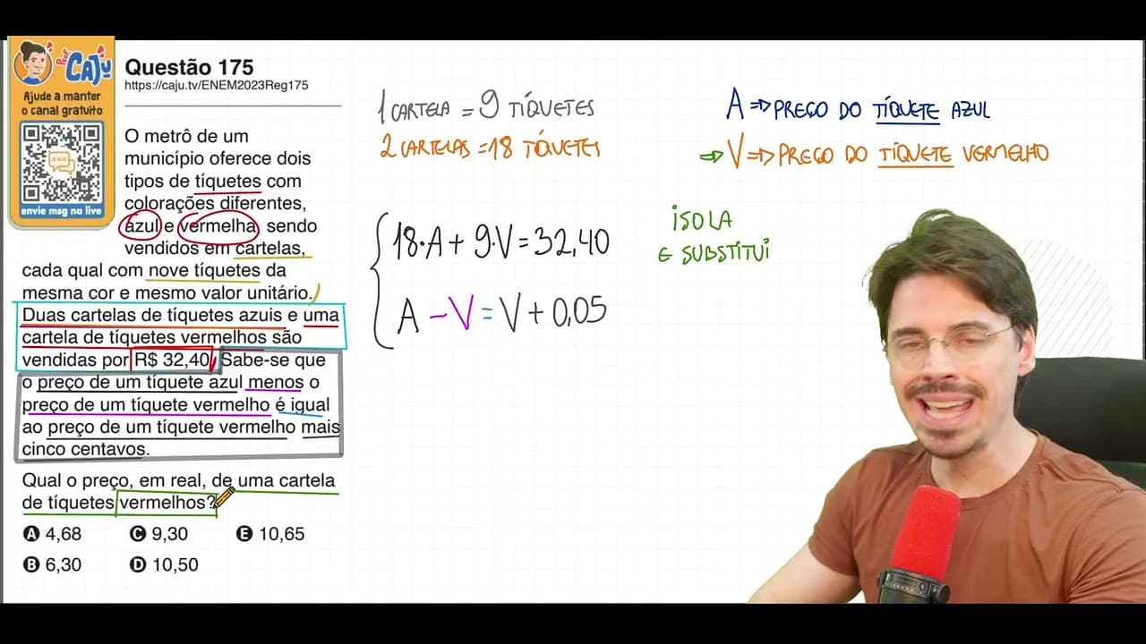 Thumbnail: [ENEM 2023] 175 📘 SISTEMAS LINEARES O metrô de um município oferece dois tipos de tíquetes com