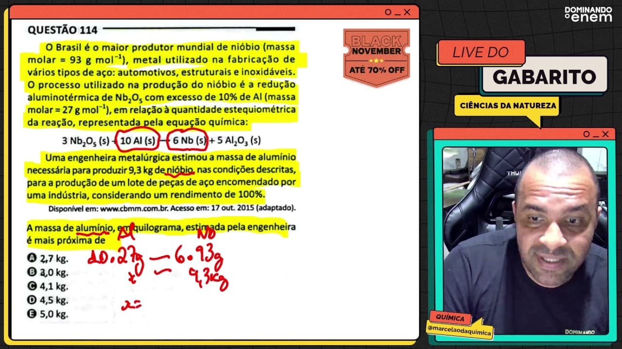 Thumbnail: ENEM 2025: O Brasil é o maior produtor mundial de nióbio (massa molar = 93 g mol⁻¹), metal utilizado
