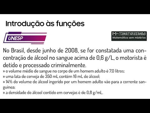 Thumbnail da aula: UNESP) No Brasil, desde junho de 2008, se for constatada uma concentração de álcool no sangue acima