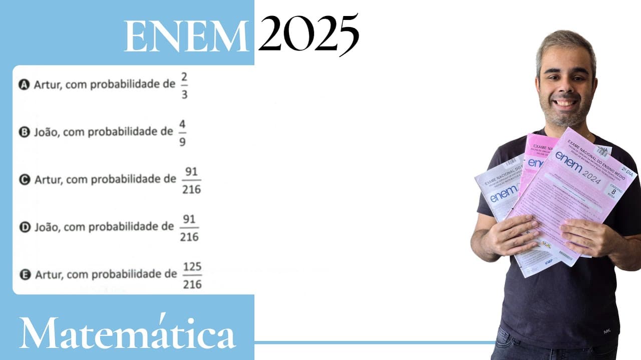 Thumbnail: ENEM 2025 - Três dados cúbicos, com faces numeradas de 1 a 6 foram utilizados em um jogo.