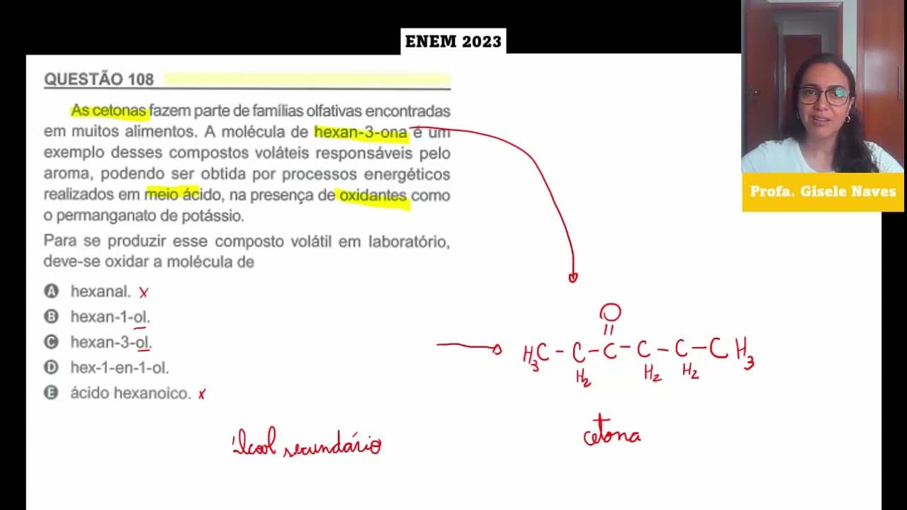 Thumbnail: ENEM 2023 QUESTÃO 108 - As cetonas fazem parte de famílias olfativas encontradas em muitos alimentos