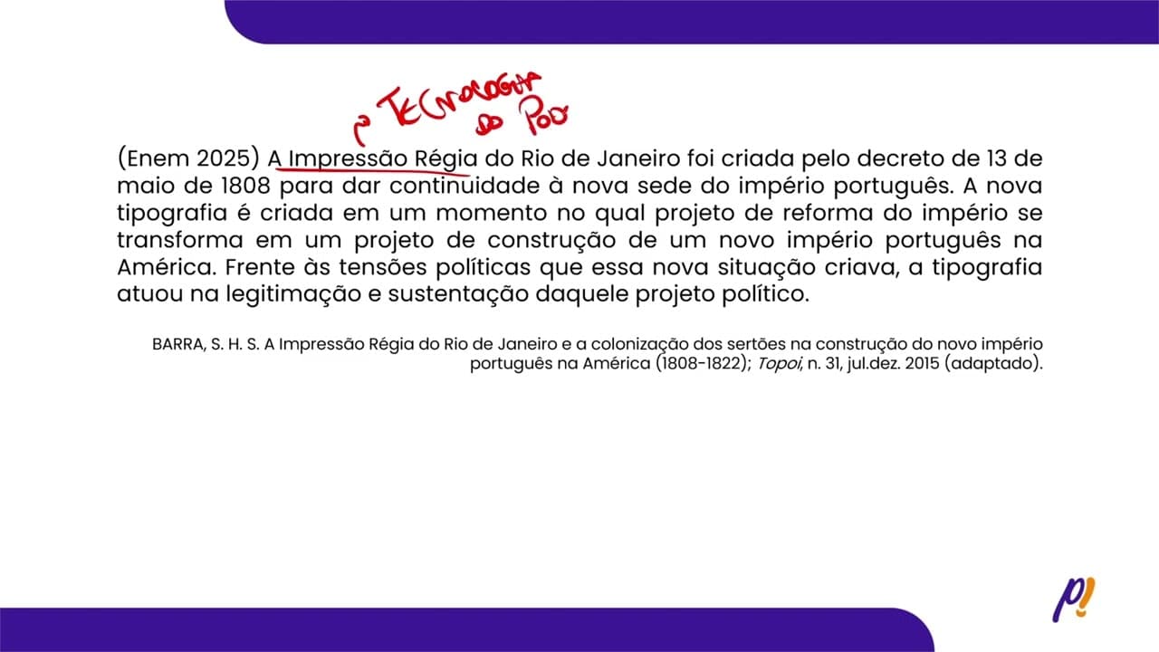 Thumbnail: ENEM 2025 | A Impressão Régia do Rio de Janeiro foi criada pelo decreto de 13 de maio de 1808...