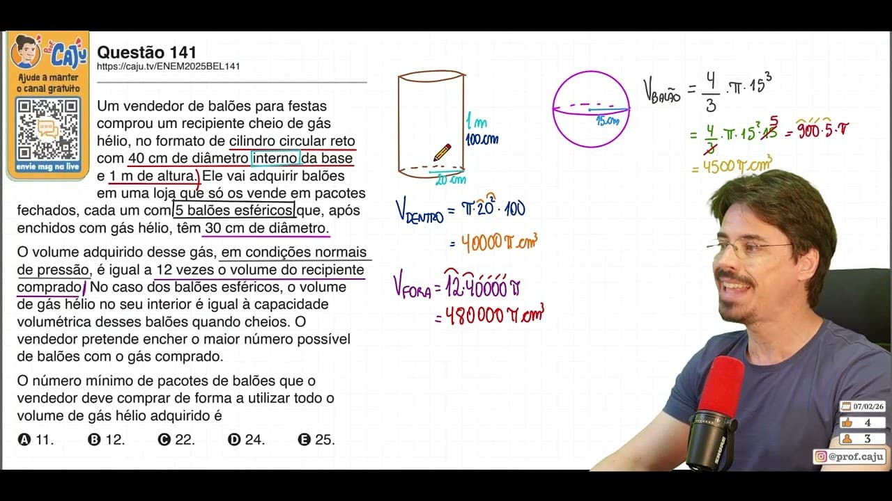 Thumbnail: [ENEM 2025 Belém] 141 📘 GEOMETRIA ESPACIAL Um vendedor de balões para festas comprou um recipiente