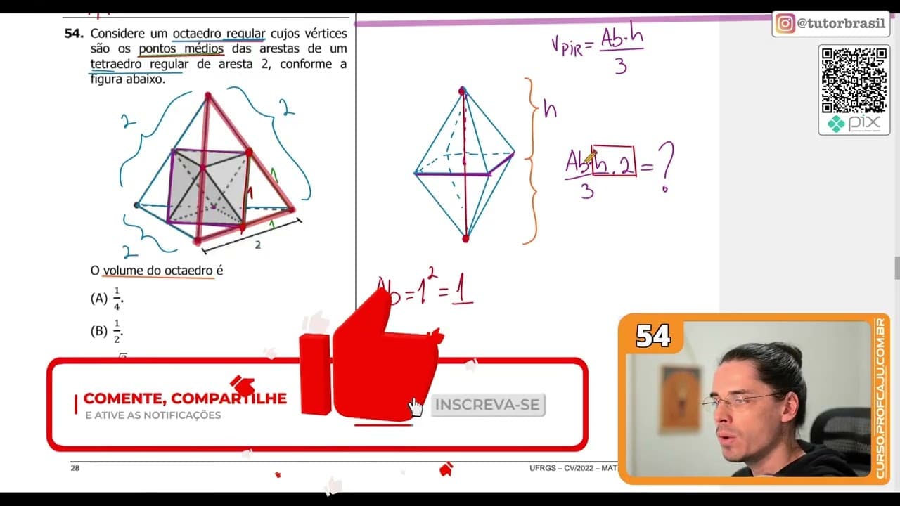 Thumbnail: [UFRGS 2022] 54 - Considere um octaedro regular cujos vértices são os pontos médios das arestas de