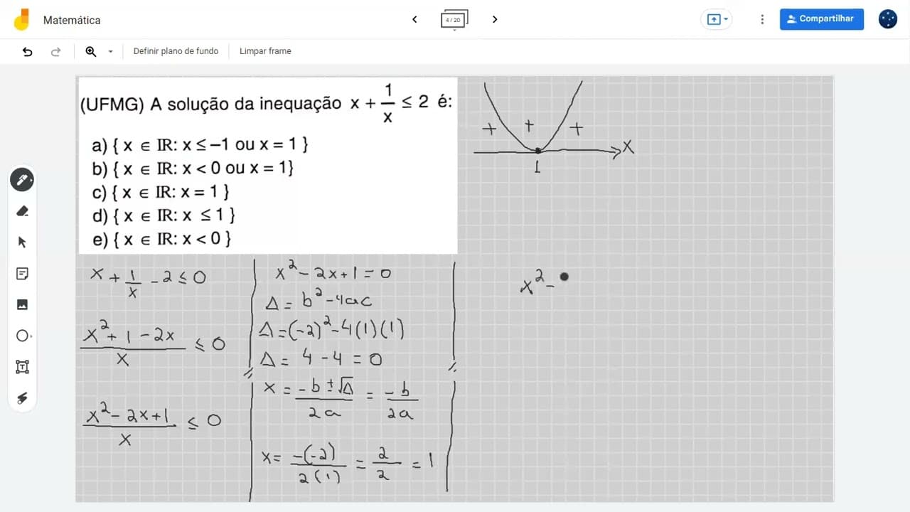 Thumbnail: (UFMG) A solução da inequação x + 1/x ≤ 2 é: