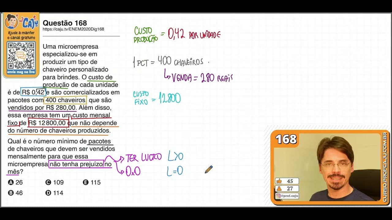 Thumbnail: [ENEM 2020 DIG] 168 📘 INEQUAÇÃO DO 1º GRAU Uma microempresa especializou- se em produzir um tipo de