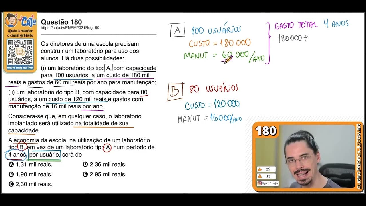 Thumbnail: [ENEM 2021] 180 📘 DIVISÃO Os diretores de uma escola precisam construir um laboratório para uso dos