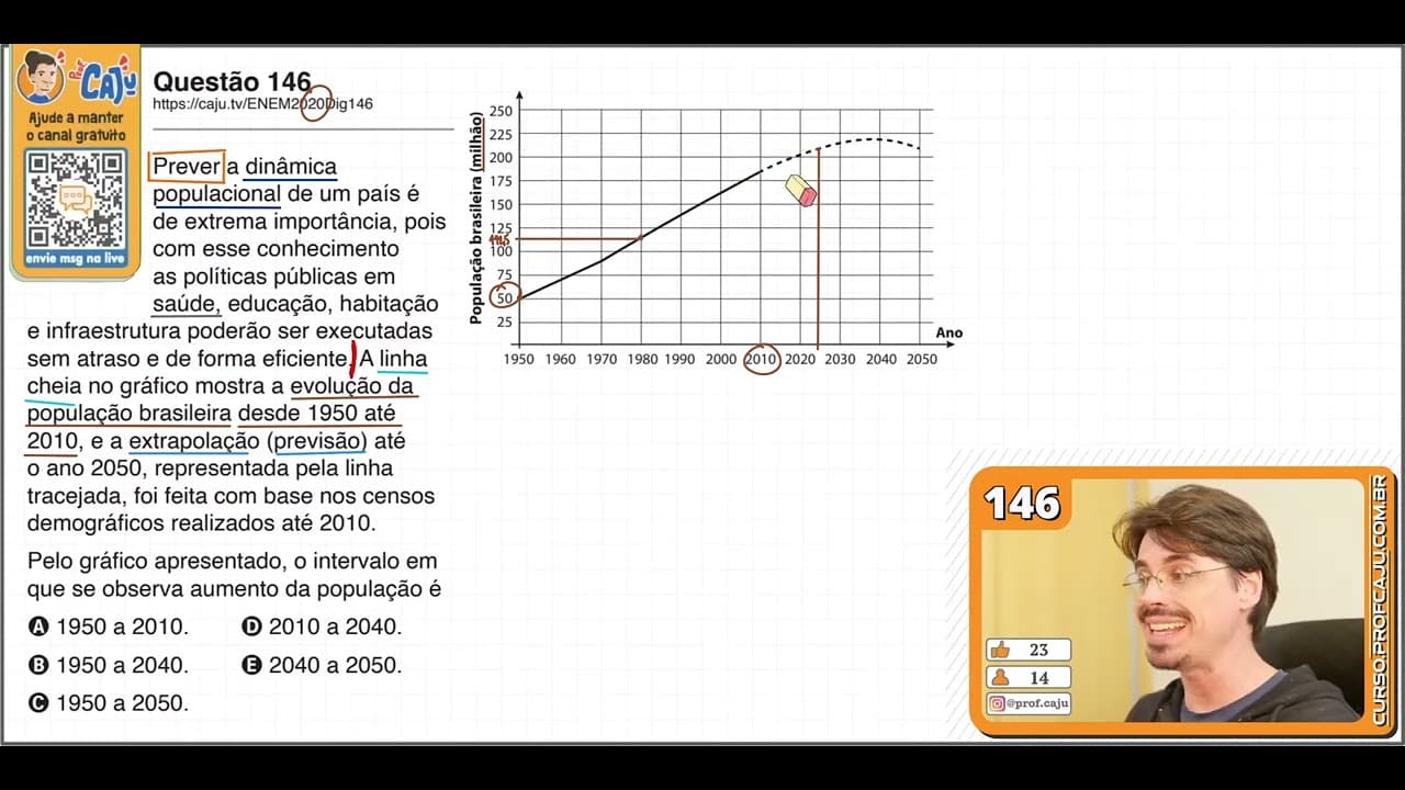 Thumbnail: [ENEM 2020 DIG] 146 📘 INTERPRETAÇÃO DE GRÁFICOS Prever a dinâmica populacional de um país é de