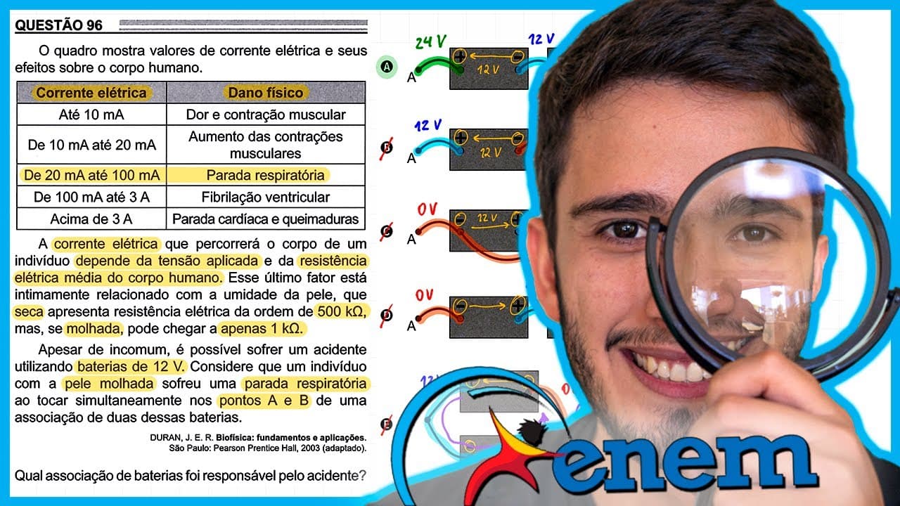 Thumbnail: ENEM 2022 - O quadro mostra valores de corrente elétrica e seus efeitos sobre o corpo humano. A corr