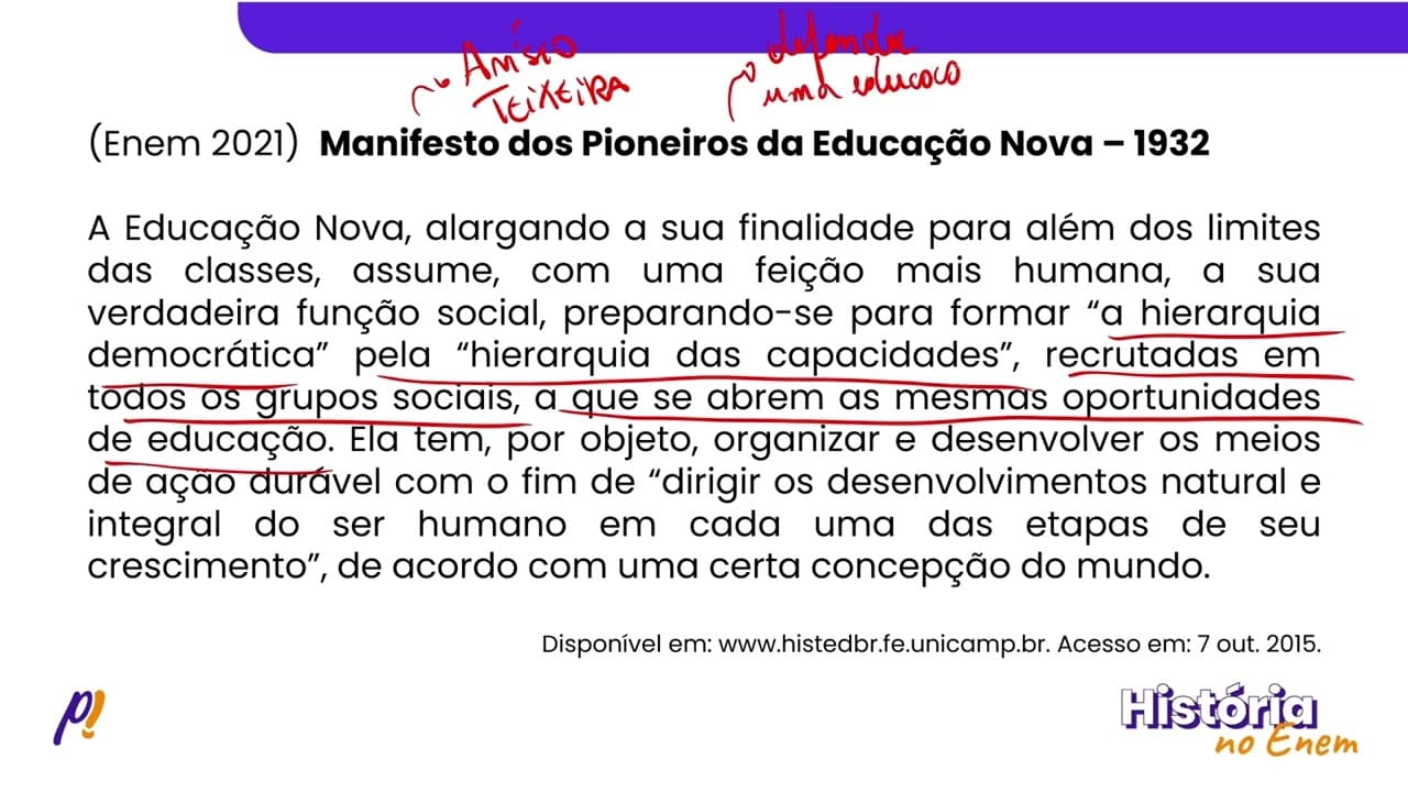 Thumbnail: ENEM 2021 - PRIMEIRA REPÚBLICA. A ERA VARGAS | Manifesto dos Pioneiros da Educação Nova – 1932...