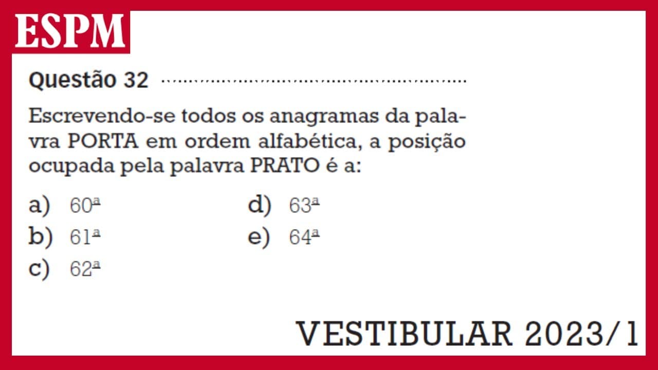 Thumbnail: CORREÇÃO ESPM 2023 1 - QUESTÃO 32 - MATEMÁTICA