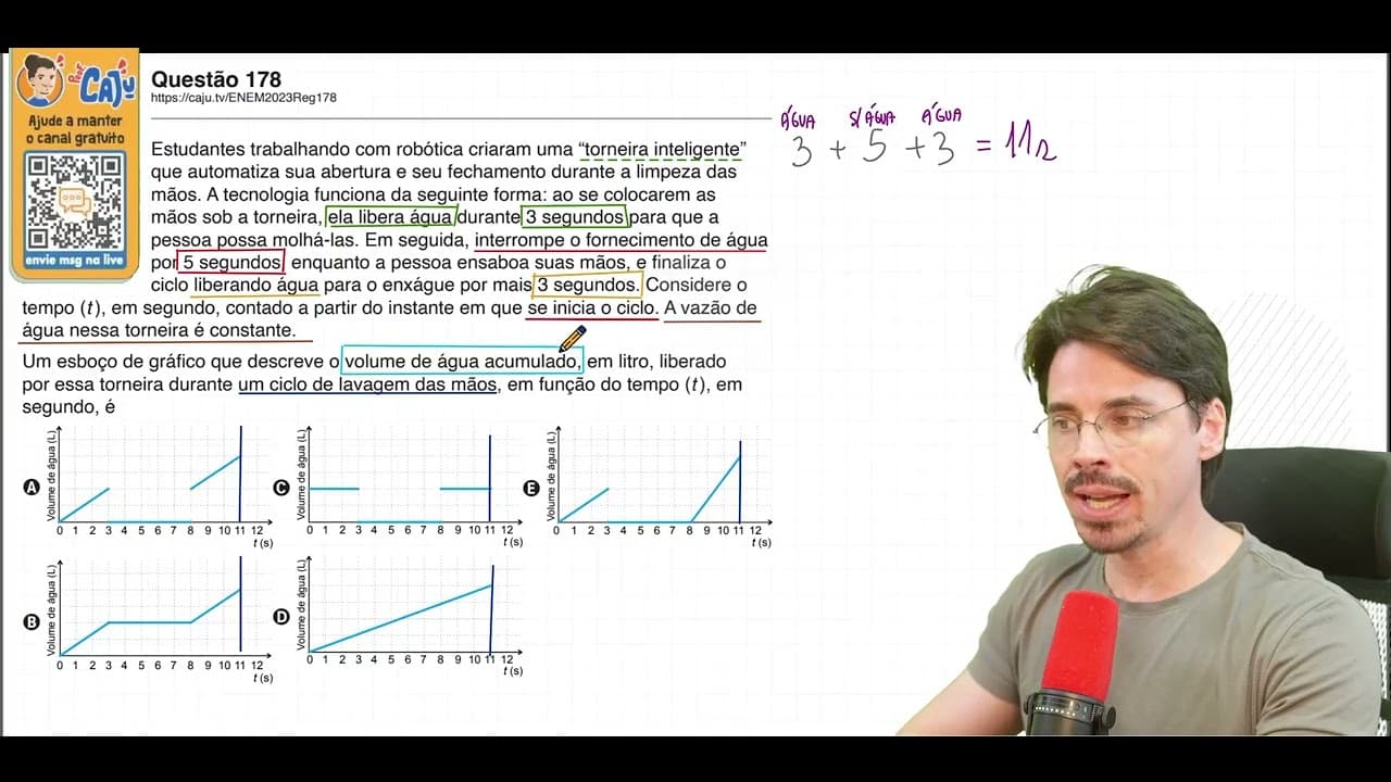Thumbnail: [ENEM 2023] 178 📘 VAZÃO Estudantes trabalhando com robótica criaram uma “torneira inteligente”