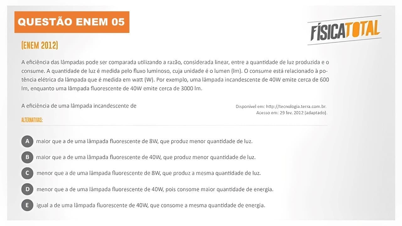 Thumbnail: Lista ENEM Questão 05 Potência Elétrica e Eficiência Luminosa