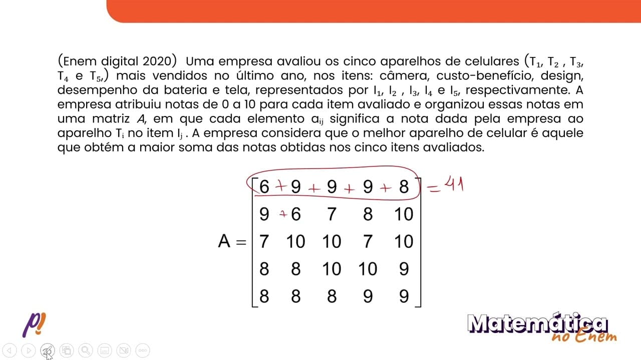 Thumbnail: ENEM DIGITAL 2020 - MATRIZES | Uma empresa avaliou os cinco aparelhos de celulares (T1, T2, T3,...