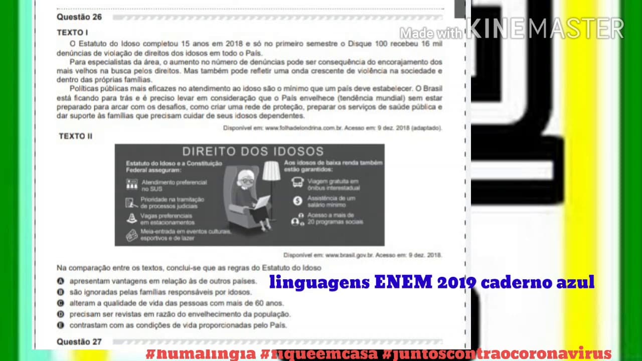 Thumbnail: Questão 26 ENEM 2019 caderno azul linguagens direito dos idosos no Brasil