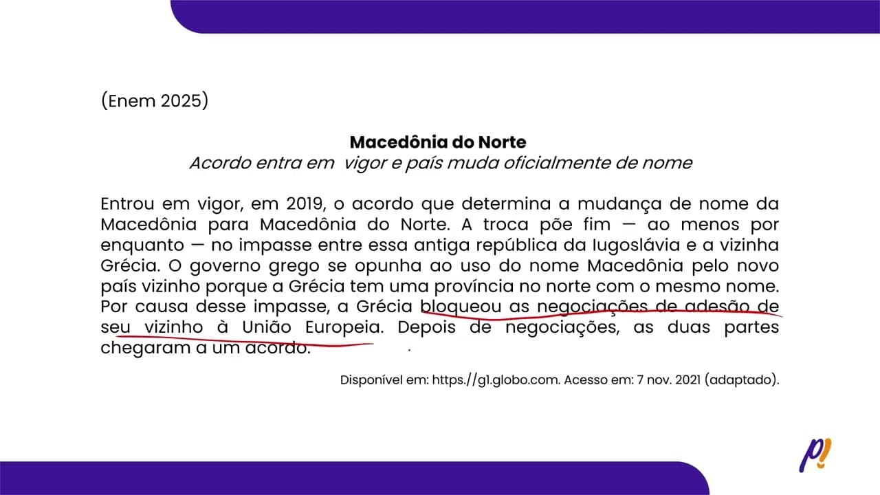Thumbnail: ENEM 2025 | Para o país originado da antiga Iugoslávia, a mudança de nome é uma estratégia...