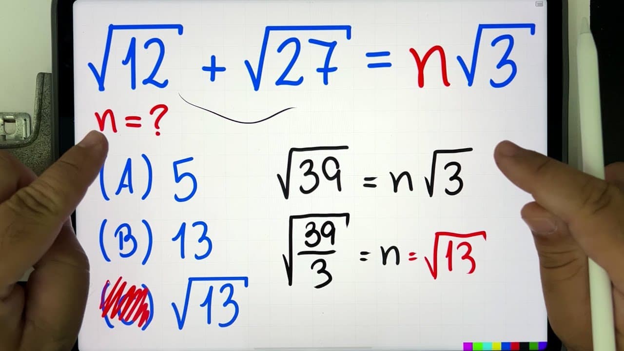 Thumbnail: 🤯 √12 + √27 = n√3 Qual é o valor de n nesta expressão com raiz quadrada? Você consegue resolver?