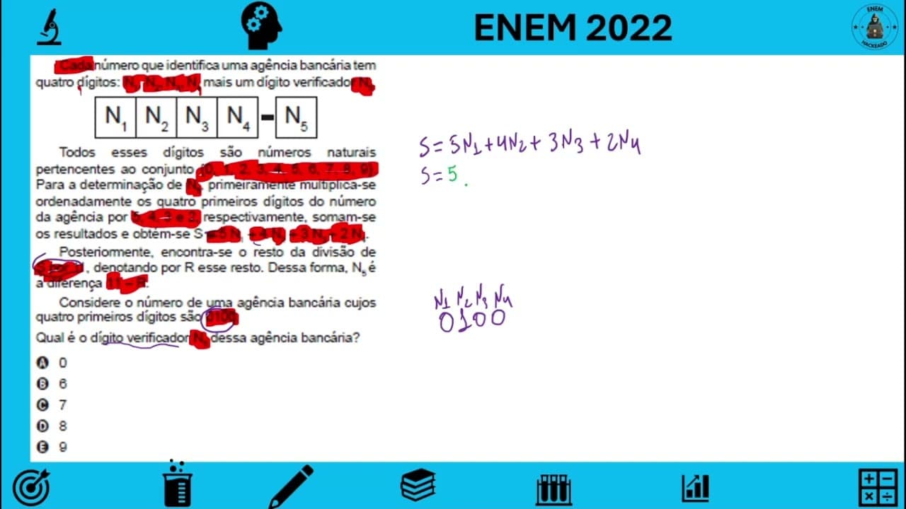 Thumbnail: ENEM 2022 - Cada número que identifica uma agência bancária tem quatro dígitos: N1, N2, N3, N4 m...