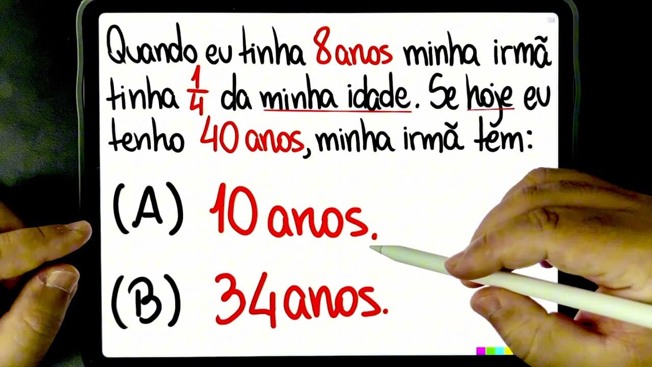 Thumbnail: 🔥 Raciocínio Lógico: QUANDO EU TINHA 8 ANOS, MINHA IRMÃ TINHA 1/4 DA MINHA IDADE 😱 Você consegue?