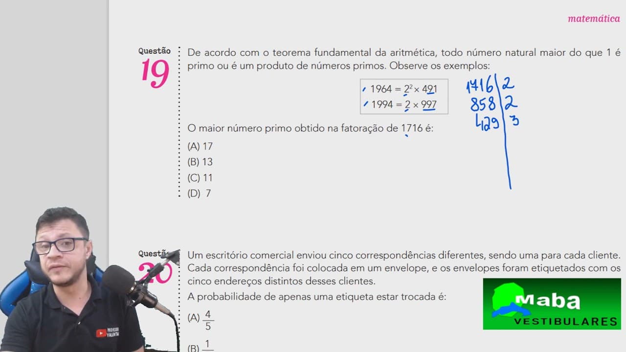 Thumbnail: MABA VESTIBULARES  -  UERJ - 2021 - QUESTÃO 19 - FATORAÇÃO COM NÚMEROS PRIMOS  -  Com prof. Valentim