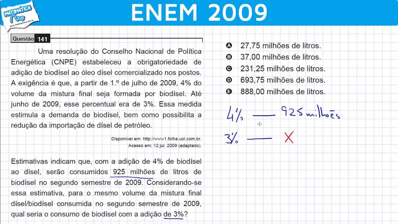 Thumbnail: ENEM 2009 Matemática #6 - Grandezas Diretamente Proporcionais