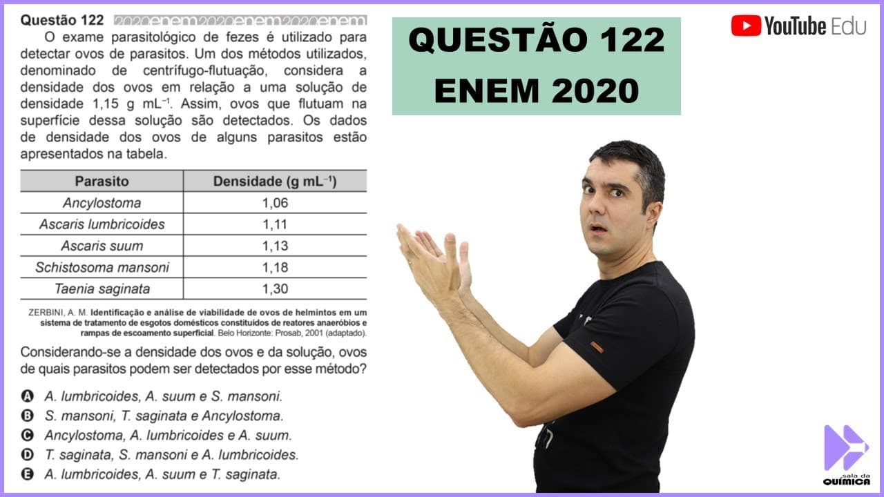 Thumbnail: QUÍMICA ENEM 2020! "O exame parasitológico de fezes é utilizado para detectar ovos de parasitos...."