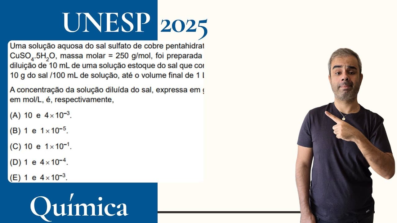 Thumbnail: UNESP 2025 - Uma solução aquosa do sal sulfato de cobre pentahidratado CuSO4.5H2O massa molar = 250