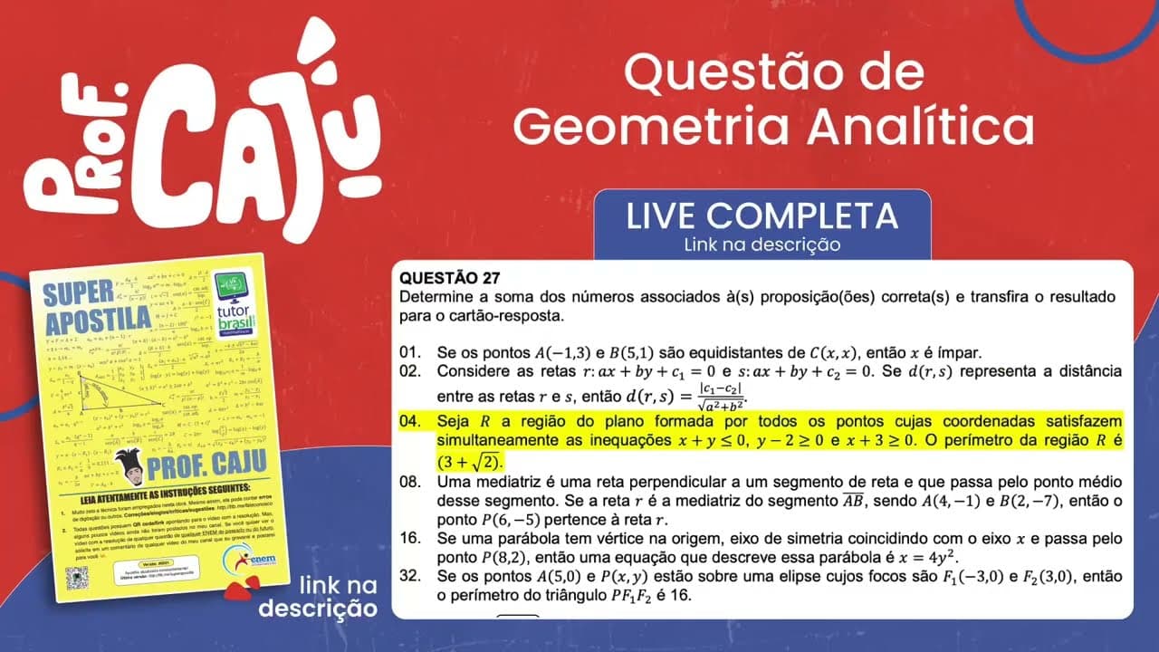 Thumbnail: [UFSC 2023] 27.04 📒 GEOMETRIA ANALÍTICA Seja R a região do plano formada por todos os pontos cujas