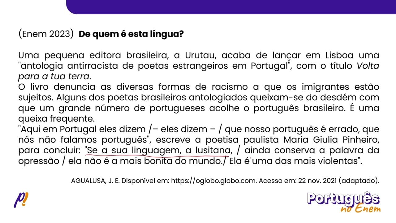 Thumbnail: ENEM 2023 - ESTUDOS DA LÍNGUA | De quem é esta língua?Uma pequena editora brasileira, a Urutau...