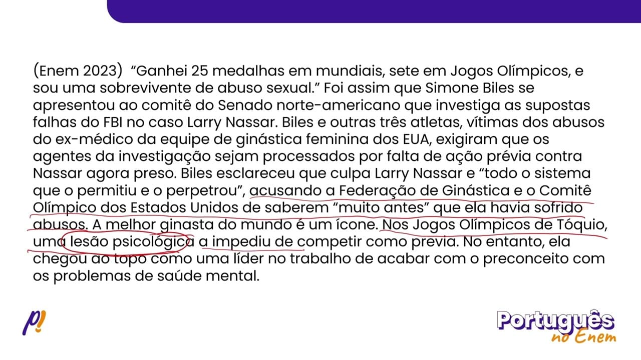 Thumbnail: ENEM 2023 - INTERPRETAÇÃO E INFERÊNCIA DE TEXTOS | “Ganhei 25 medalhas em mundiais, sete em Jogos...