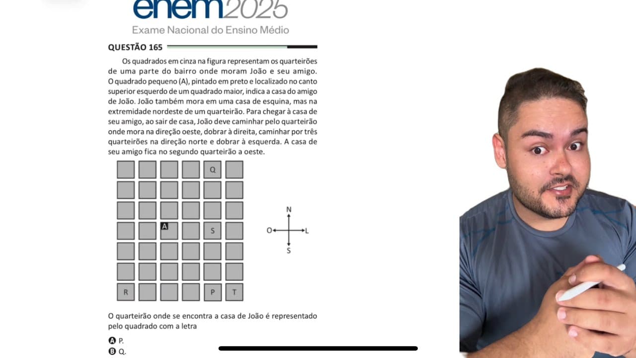 Thumbnail: ENEM 2025 - Os quadrados em cinza na figura representam os quarteirões de uma parte do bairro onde