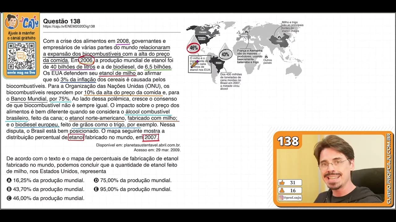 Thumbnail: [ENEM 2020 DIG] 138 📘 PORCENTAGEM Com a crise dos alimentos em 2008, governantes e empresários de