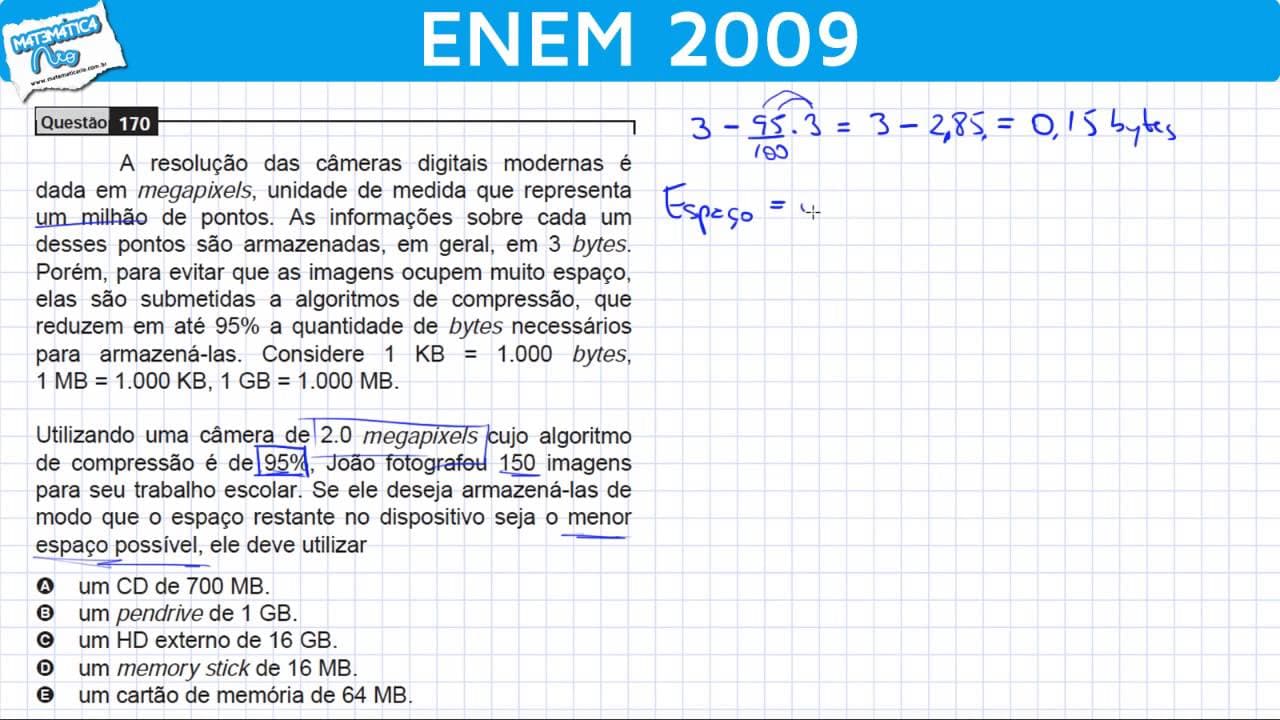 Thumbnail: ENEM 2009 Matemática #35 - Unidades de Medida, Resolução de Câmeras Digitais e Porcentagem