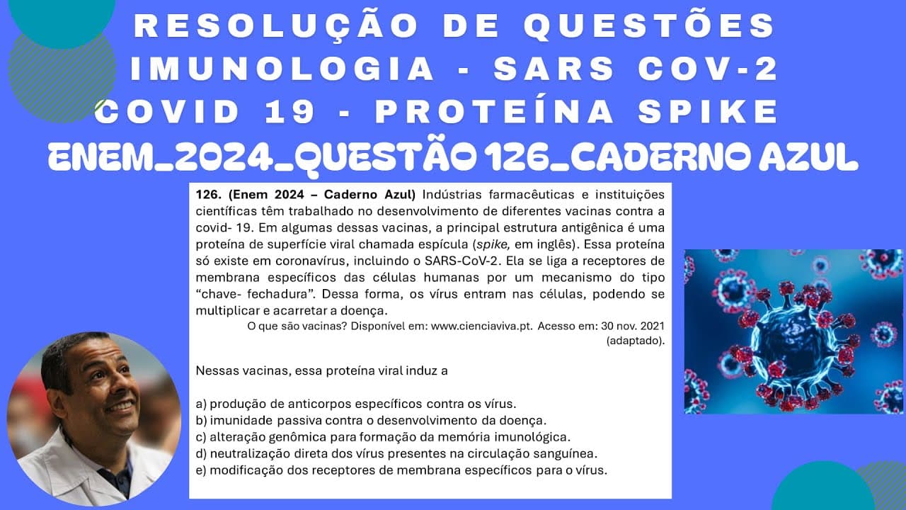 Thumbnail: ENEM 2024_QUESTÃO 126_CADERNO AZUL_IMUNOLOGIA_SARS COV 2_COVID 19_PROTEÍNA SPIKE _ANTÍGENO ANTICORPO