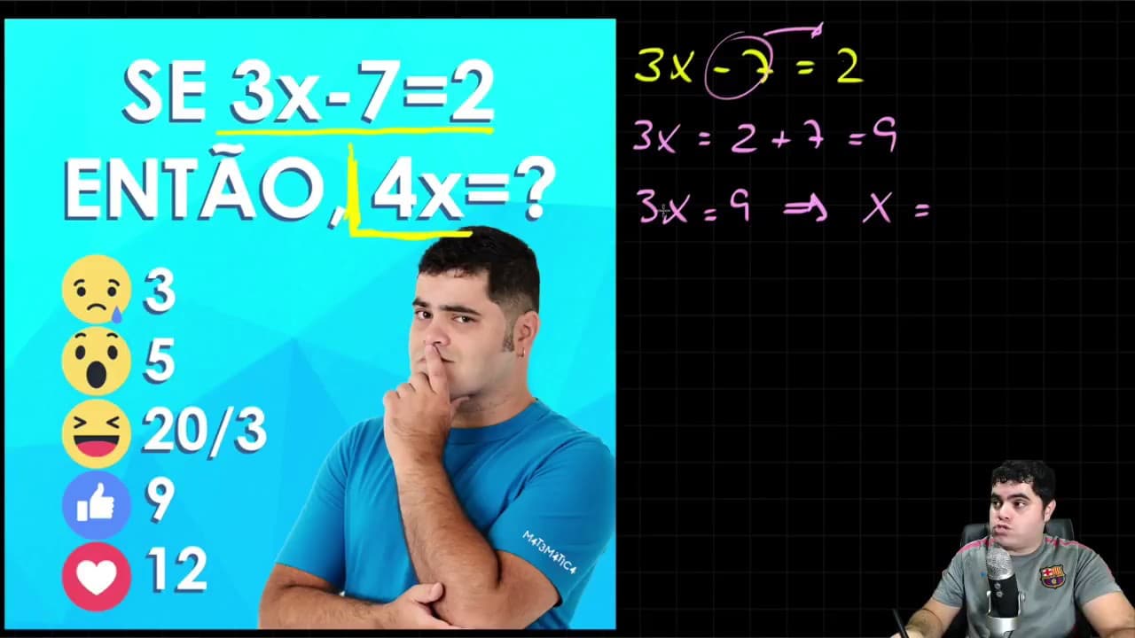 Thumbnail: 🤔 VOCÊ CONSEGUE RESOLVER ESSA EQUAÇÃO? 👉🏻 Qual o Valor de 4x?