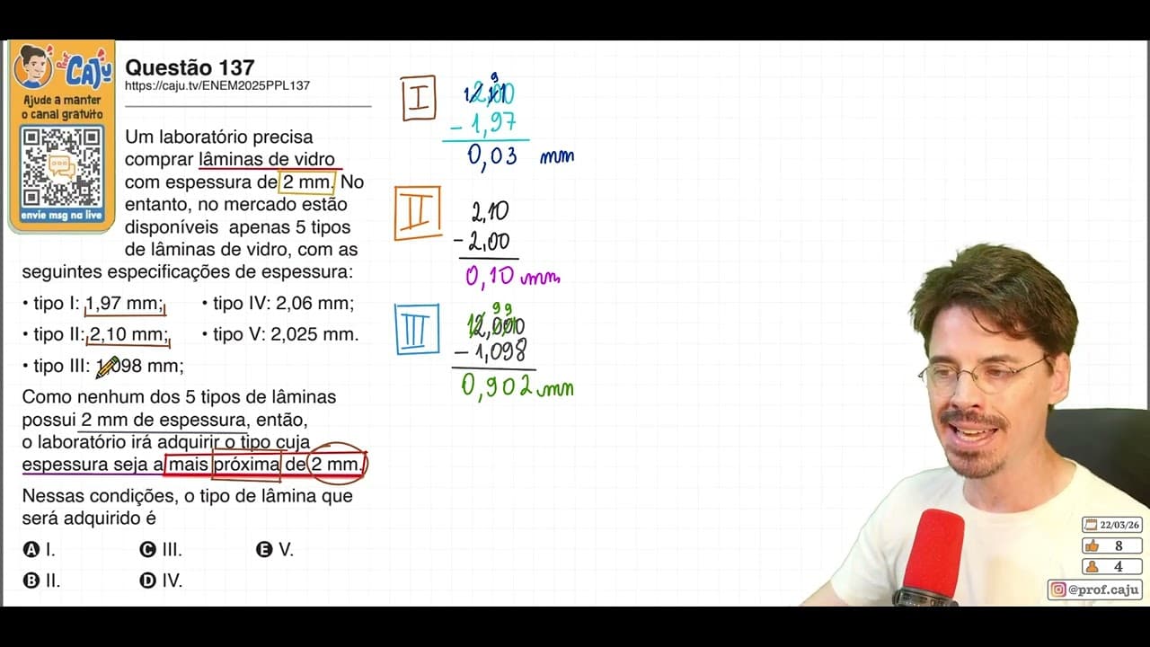 Thumbnail: [ENEM 2025 PPL] 137 📘 SUBTRAÇÃO Um laboratório precisa comprar lâminas de vidro com espessura de 2